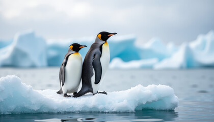 Fototapeta premium Majestic emperor penguins basking on an ice floe under a cloudy Antarctic sky