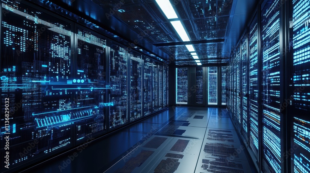 Poster high-tech futuristic data center with glowing blue servers and complex digital circuitry