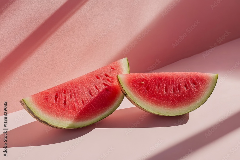 Aufkleber two watermelon slices sit on a pink surface, illuminated by natural light, creating a refreshing sum