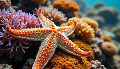Vibrant underwater world teeming with coral and a stunning starfish under serene ocean waters
