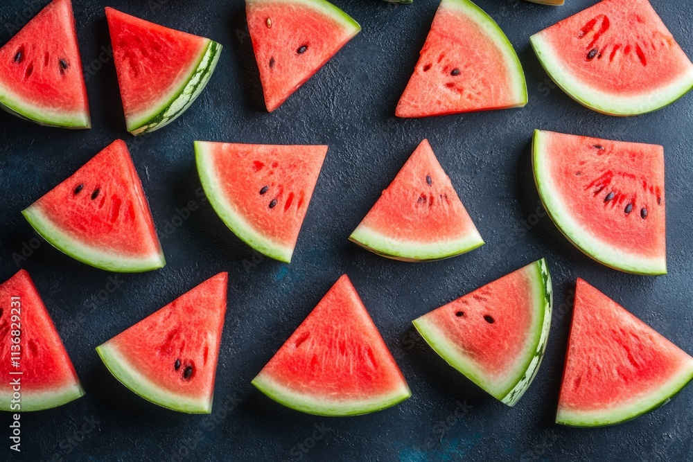 Poster ripe watermelon slices arranged on a dark surface, creating a vibrant and refreshing summer image