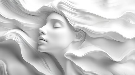 Serene White Sculptural Face Immersed in Flowing Waves