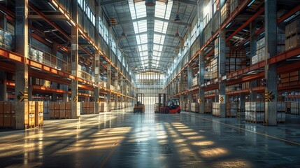 Fototapeta premium A spacious industrial warehouse filled with shelves and boxes, illuminated by natural light.