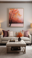 A sophisticated modern interior featuring plush white seating arrangements with pops of orange, set in a spacious, minimalist open plan living area.