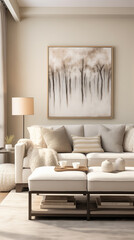A sophisticated modern interior featuring plush white seating arrangements with pops of orange, set in a spacious, minimalist open plan living area.