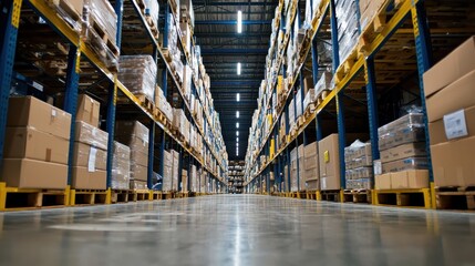 Fototapeta premium Aisle of Stacked Cardboard Boxes in a Spacious Warehouse with Bright Lighting and Organized Shelves Creating a Productive Environment for Distribution