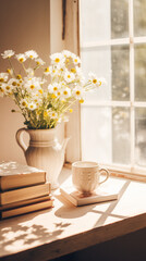 Morning coffee with vase with flowers near the window.