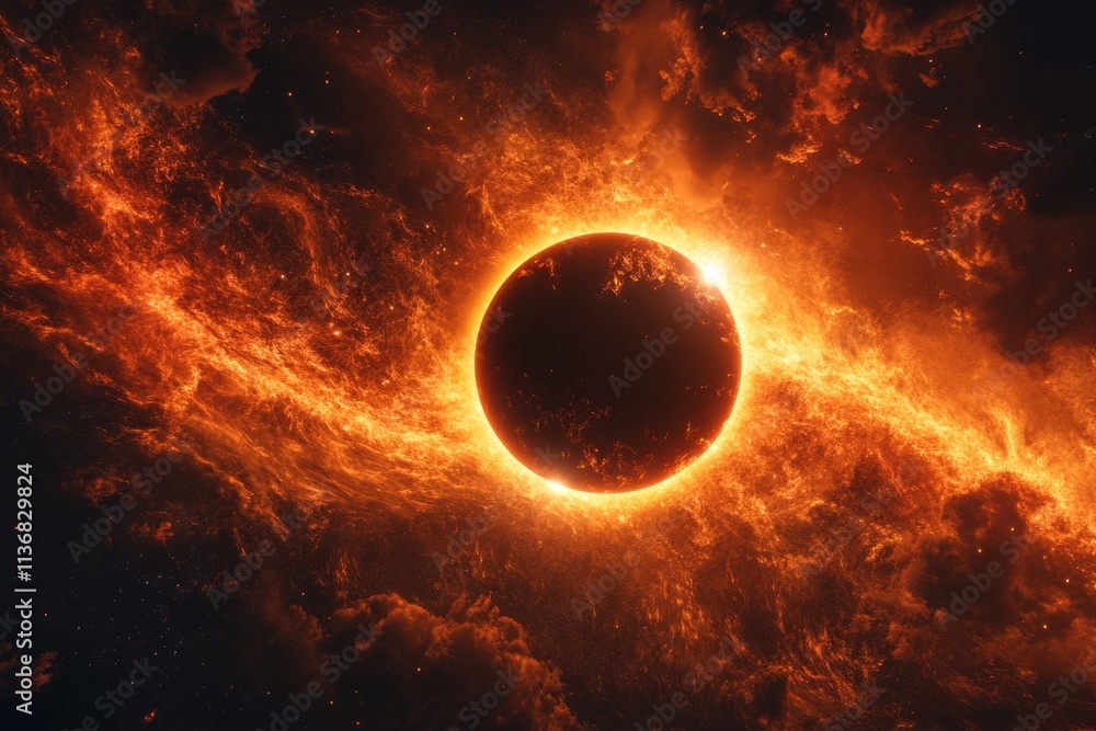 Poster dramatic cosmic event of a burning planet causing a solar eclipse in a fiery nebula