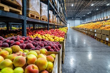 A stunning interior view of a fruit warehouse brimming with colorful fruits, showcasing the abundance of nature's bounty.
