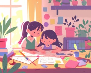 Two young girls, one of Asian descent, joyfully create art together in a bright, plant-filled room.
