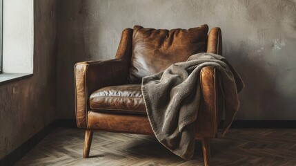 A luxurious leather chair adorned with a soft blanket, set against a textured wall, perfect for relaxation and comfort.