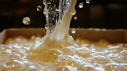 Raw milk Precision Fermentation Semen retention Barley Colostrum powder essence TurtleTree Wakaze Change Foods Remilk Close-up creamy beige coffee pouring into brown cup with frothy bubbles splashing