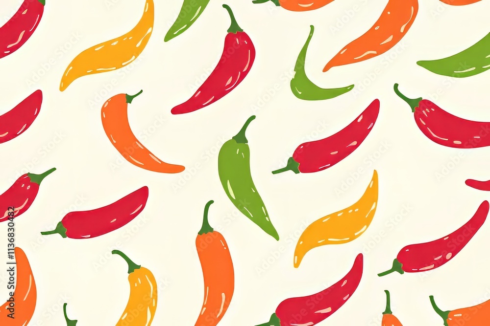 Poster vibrant pattern of chili peppers showcasing diverse colors and shapes for culinary inspiration and d