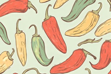 Colorful pattern showcasing various chili peppers on a light background for culinary and decorative inspiration