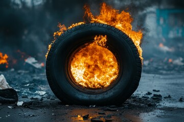 Burning tire on fire creating pollution and smoke in the street