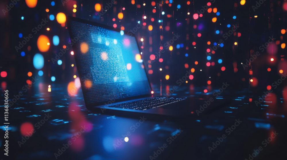 Poster vibrant data streams surround an open laptop glowing with code in a dark environment