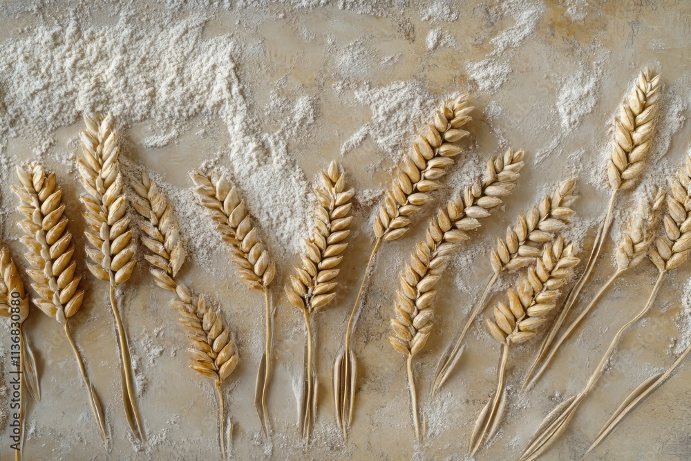 Poster Flour textured pattern with wheat stalks arranged artistically on a surface