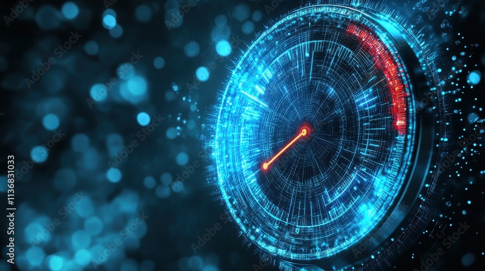 Poster futuristic digital interface with glowing blue and red elements displaying data