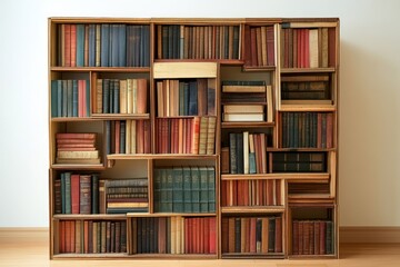 A full wooden bookcase filled with various antique books.