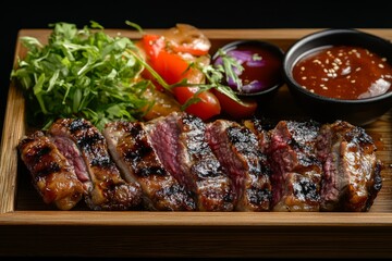 Juicy, grilled steak sliced and presented on a wooden serving tray with fresh vegetables and dipping sauces, ready to be enjoyed