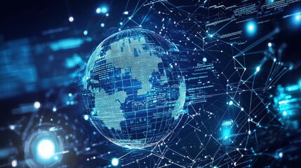 Obraz premium Futuristic Digital Globe Surrounded by Network Connections and Data Streams Representing Technology, Communication, and Globalization in a High-Tech Environment