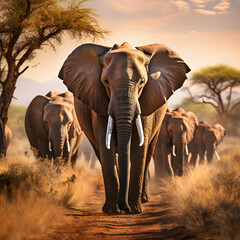 Obraz premium Stunning Spectacle of Africa's Wild - Herd of Elephants, Family of Lions and Flock of Flamingos