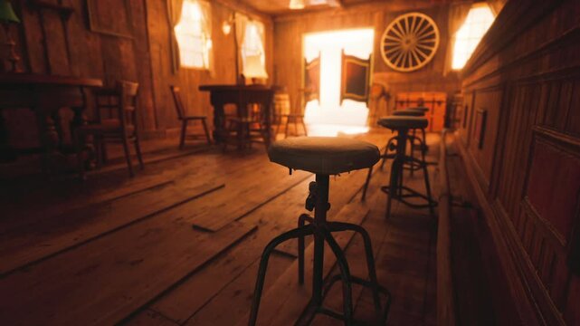The sun filters through the windows, illuminating a rustic saloon interior. Wooden stools are scattered, creating a cozy, old western atmosphere. The room exudes history and charm.