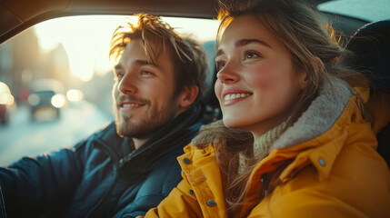Happy couple enjoying a winter drive through a sunlit city street with smiles and warm jackets