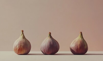 Fototapeta premium Three Ripe Figs Arranged in a Row Against a Neutral Background