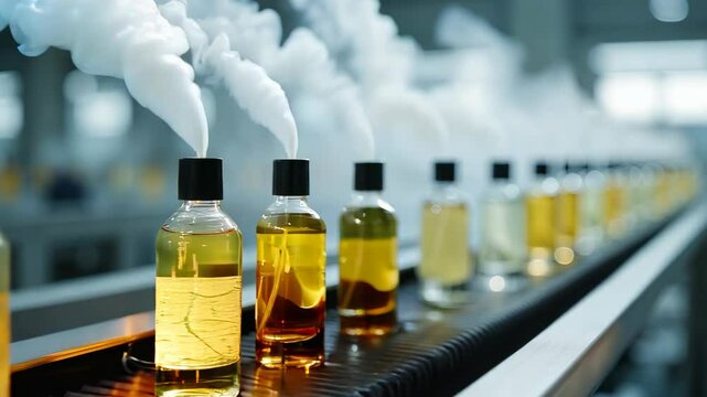 Production process of essential oils in a factory with steam and different liquids in bottles