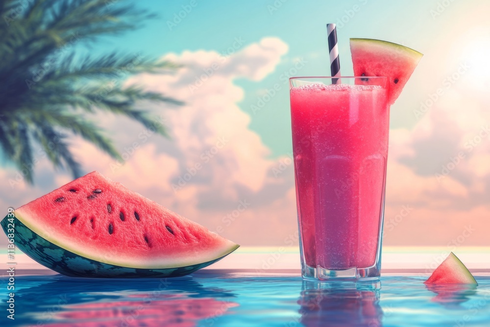 Poster glass of fresh watermelon juice with slices and palm tree in the background by the pool during summe