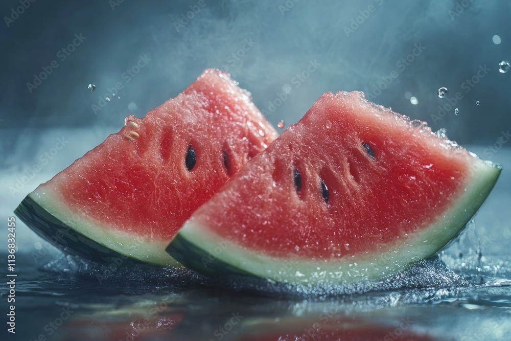 Aufkleber two fresh watermelon slices creating a splash while emerging from cool water with smoke, perfect for