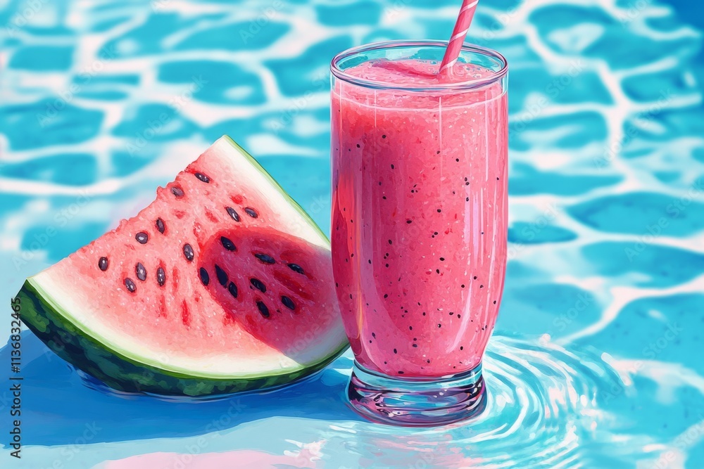 Poster watermelon smoothie and slice floating in a pool on a hot summer day, offering a refreshing and hydr