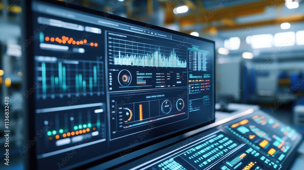 Poster modern technology hub: data analysis monitors in a futuristic control room environment