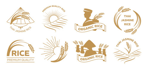 Thai jasmine rice emblems. Elegant badges with rice panicle, paddy field and farmer with Asian conical hats silhouettes. Agricultural product and farming branding templates vector set.