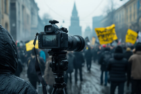 Cameraman filming a protest with a professional digital camera on a tripod
