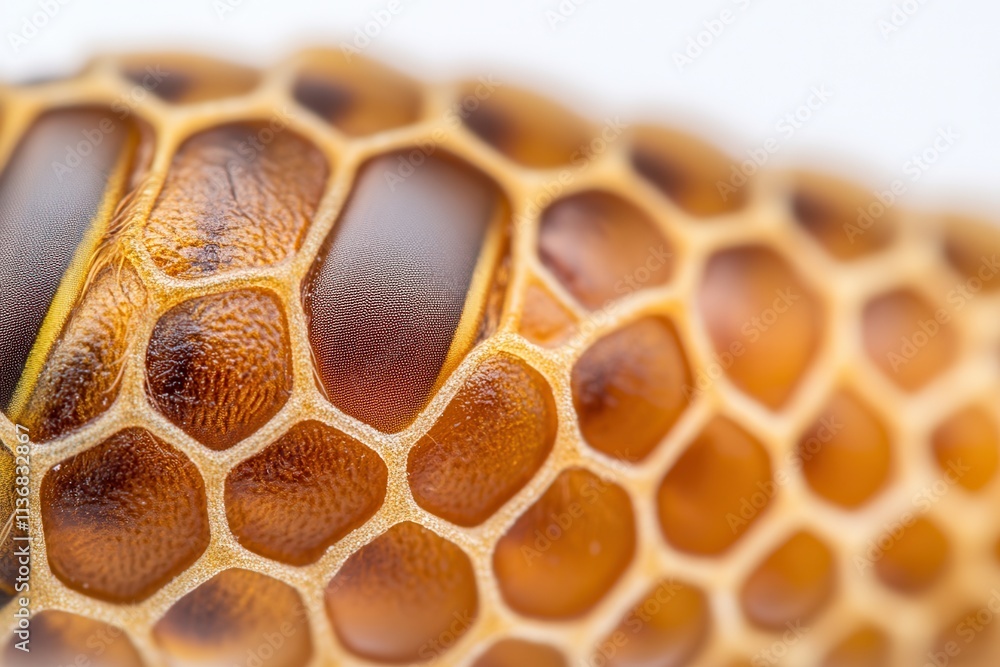 Poster close-up of a bee's honeycomb, showcasing intricate hexagonal patterns and rich amber hues.