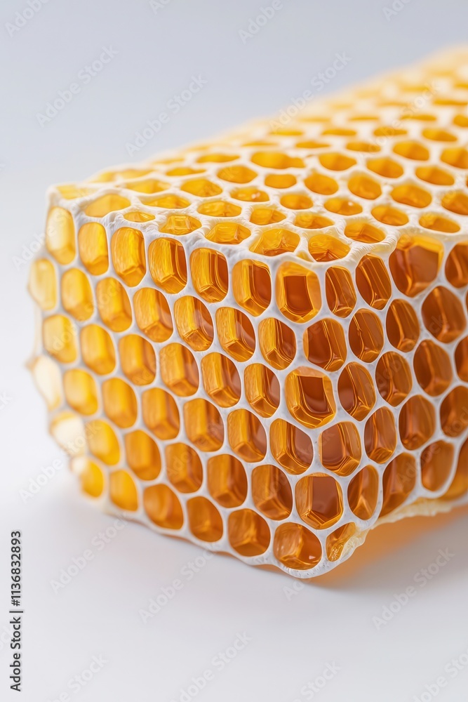 Poster close-up of a golden honeycomb structure showcasing its intricate hexagonal patterns and natural col