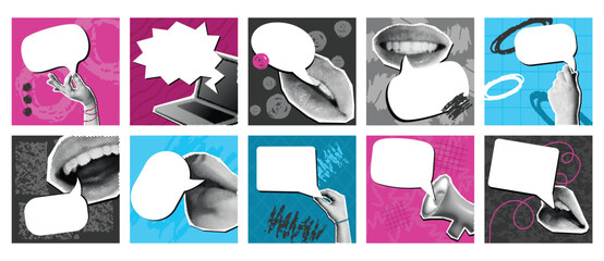 Speech bubble collage. Retro pop art quote frames, scrapbooking cut lips, hands, laptop and megaphone with comics dialogue box. Social media post templates with halftone effect vector set.