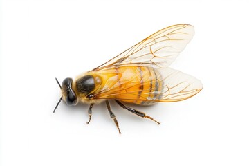 Fototapeta premium Close-up of a honeybee with intricate wing patterns and a golden body against a white background.