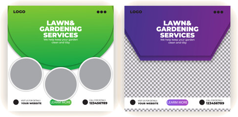 Vector lawn garden or landscaping service social media post template