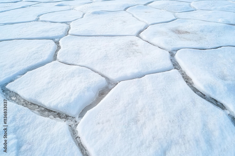Poster a close-up view of fragmented ice on a frozen surface, showcasing intricate patterns and textures in