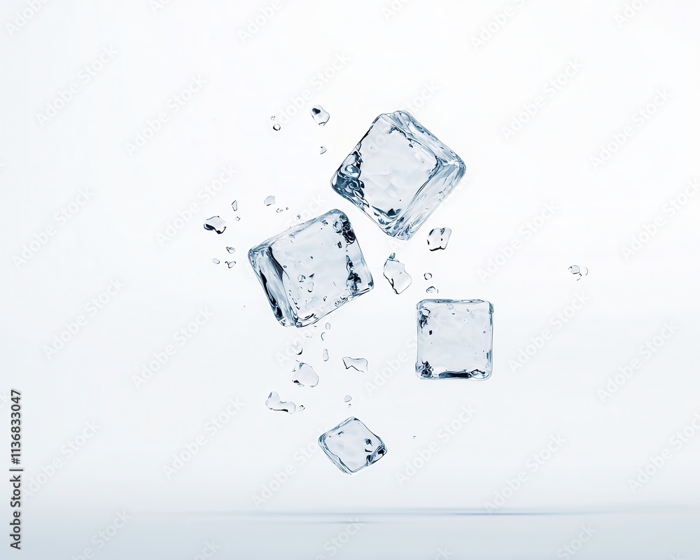 Poster four ice cubes suspended mid-air, creating a refreshing and dynamic visual against a soft white back