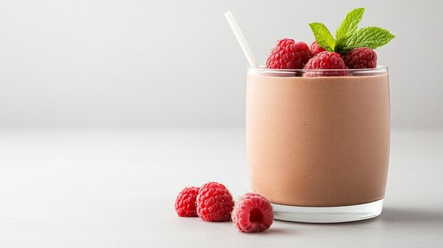 A decadent mocha mousse topped with a handful of fresh raspberries and a sprig of mint, served in a crystal-clear dessert glass
