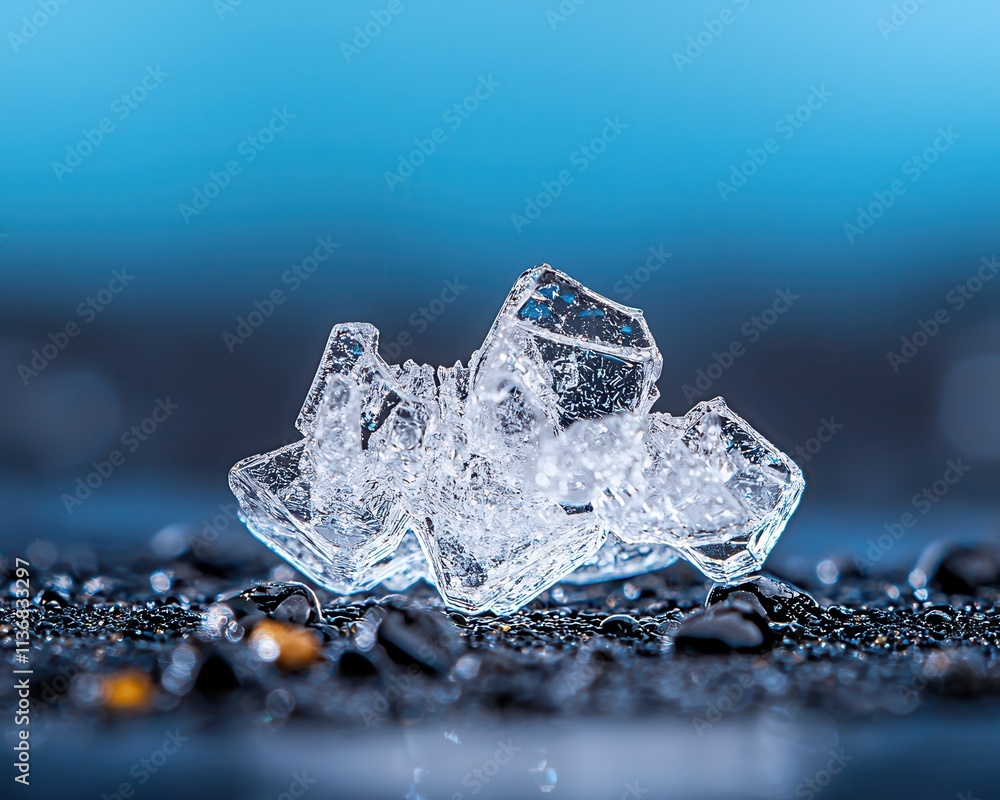 Poster Close-up of a crystal clear ice cube on a wet surface with a soft blue background, creating a serene and refreshing mood.