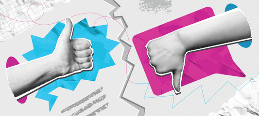 Pros and cons collage. Mixed media thumbs up and thumbs down hand gestures with speech bubbles. Review concept, positive and negative feedback vector illustration.