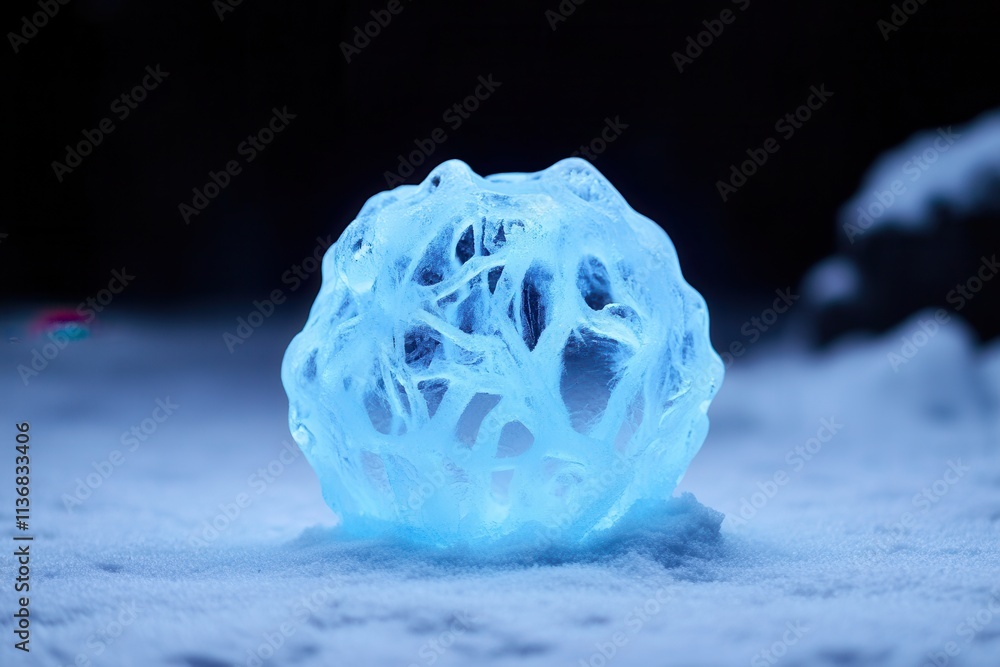 Poster a mesmerizing translucent blue ice sphere resting on a snowy surface, illuminated with a soft glow, 