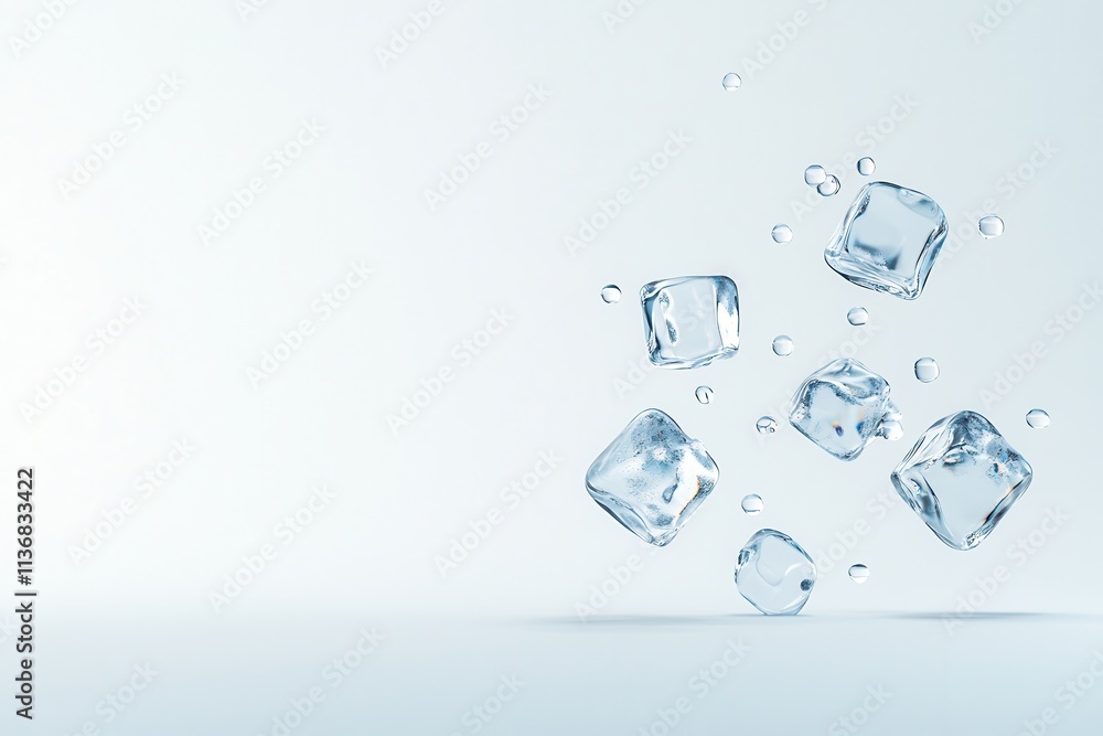 Poster floating ice cubes create a refreshing visual on a light blue background.