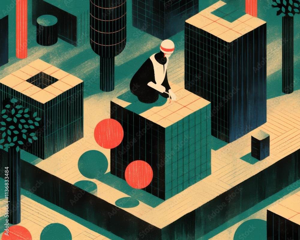 Poster a man with a white hat sits atop a geometric building, creating an abstract landscape filled with tr