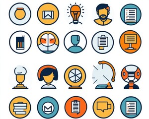 A colorful collection of various icons illustrating concepts like innovation, communication, and productivity.